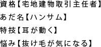 資格【宅地建物取引主任者】｜あだ名【ハンサム】｜特技【耳が動く】｜悩み【抜け毛が気になる】